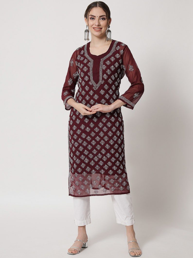 Lucknowi Chikankari Hand Embroidered Chiffon Kurti with free inner slip ...