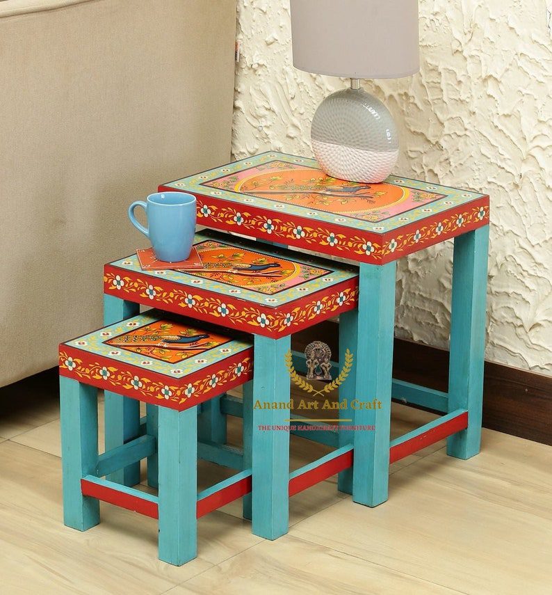 Wooden Indian Solid Wood HandPainted Nesting Table Nest of Tables set