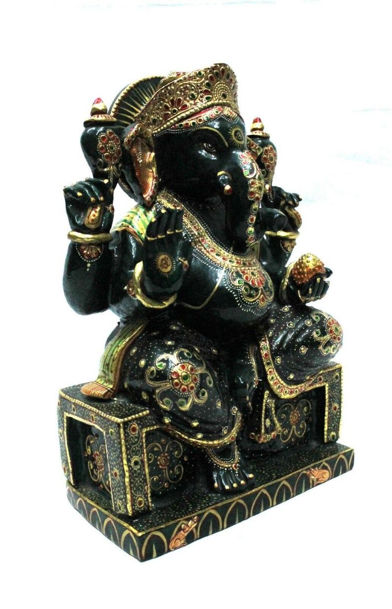 Jade Stone Statue Sculpture Green Indian Idol Lord Ganesha Handmade