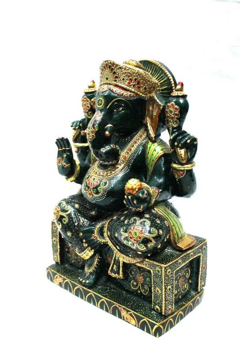 Jade Stone Statue Sculpture Green Indian Idol Lord Ganesha Handmade