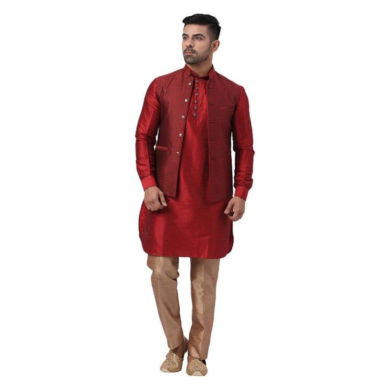 Maroon silk kurta jacket | Kurta set men for wedding | Nehru jacket and ...
