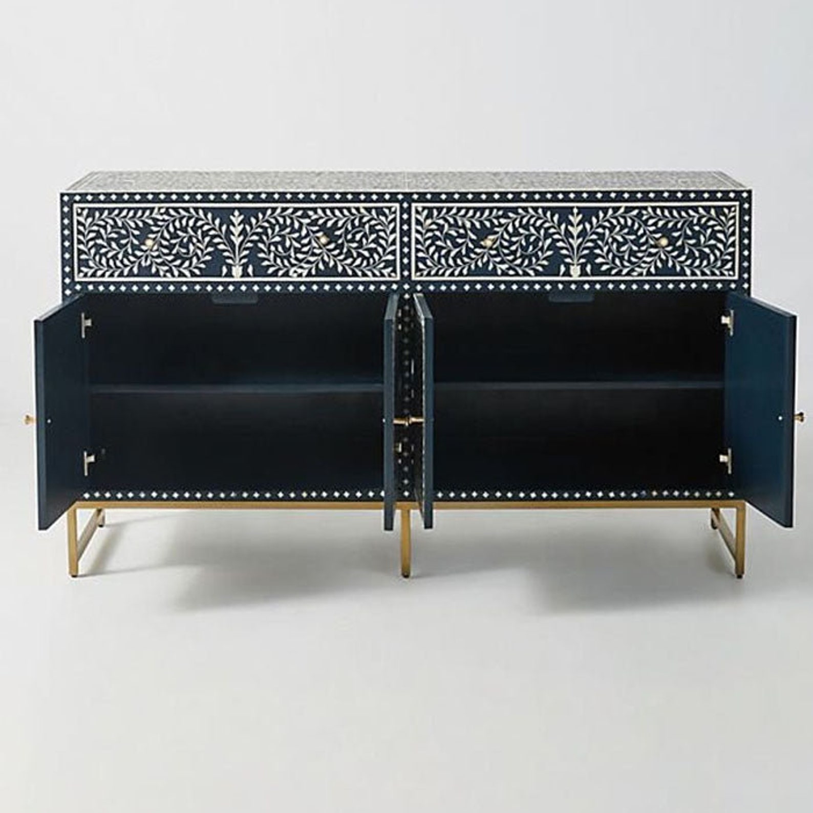 Indian Handmade Bone Inlay Blue Floral Chest of Drawer Bone Inlay Chest ...