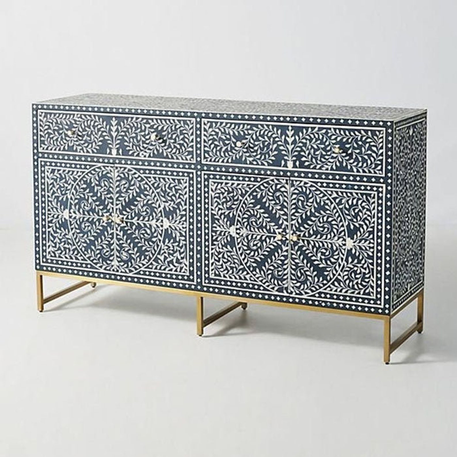 Indian Handmade Bone Inlay Blue Floral Chest of Drawer Bone Inlay Chest ...